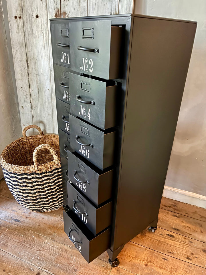 Industrial Style Metal Cabinet with Drawers featuring 12 numbered drawers and lockable wheels for easy mobility.