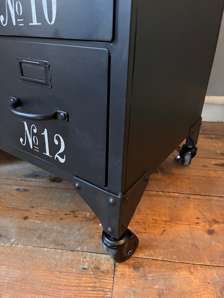 Industrial Style Metal Cabinet with Drawers featuring numbered drawers and lockable wheels for mobility.