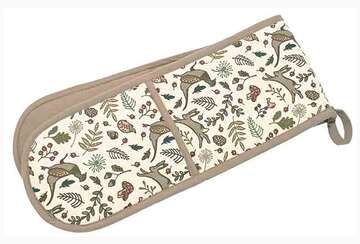 Into the Woods Rustic Double Oven Glove featuring rustic hares and pheasants on a cotton fabric background.