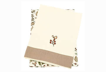 Into The Woods Rustic Tea Towel Set featuring festive robin and berry design on cotton fabric.