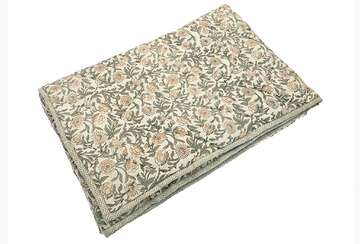 Floral Olive Green Kantha Bedspread featuring a unique hand block print by Source for the Goose, Devon.