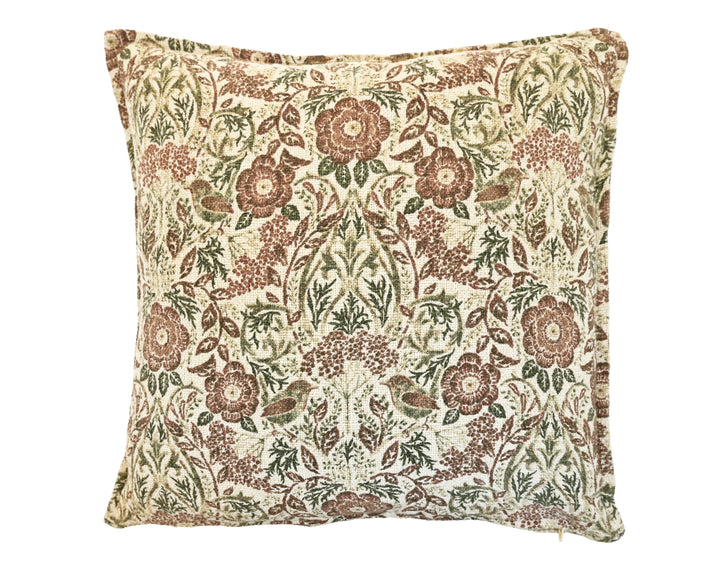 Jenny Wren Cushion - Hand Block Print featuring autumnal floral design, perfect for a cosy home in Devon.