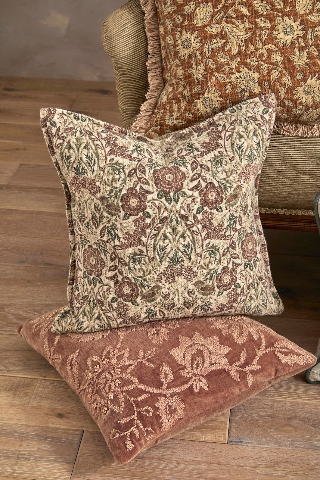 Jenny Wren Cushion - Hand Block Print featuring floral designs for a cosy home in Devon.