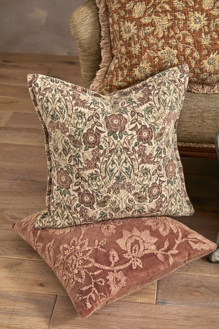 Jenny Wren Cushion - Hand Block Print featuring floral designs for a cosy home in Devon.