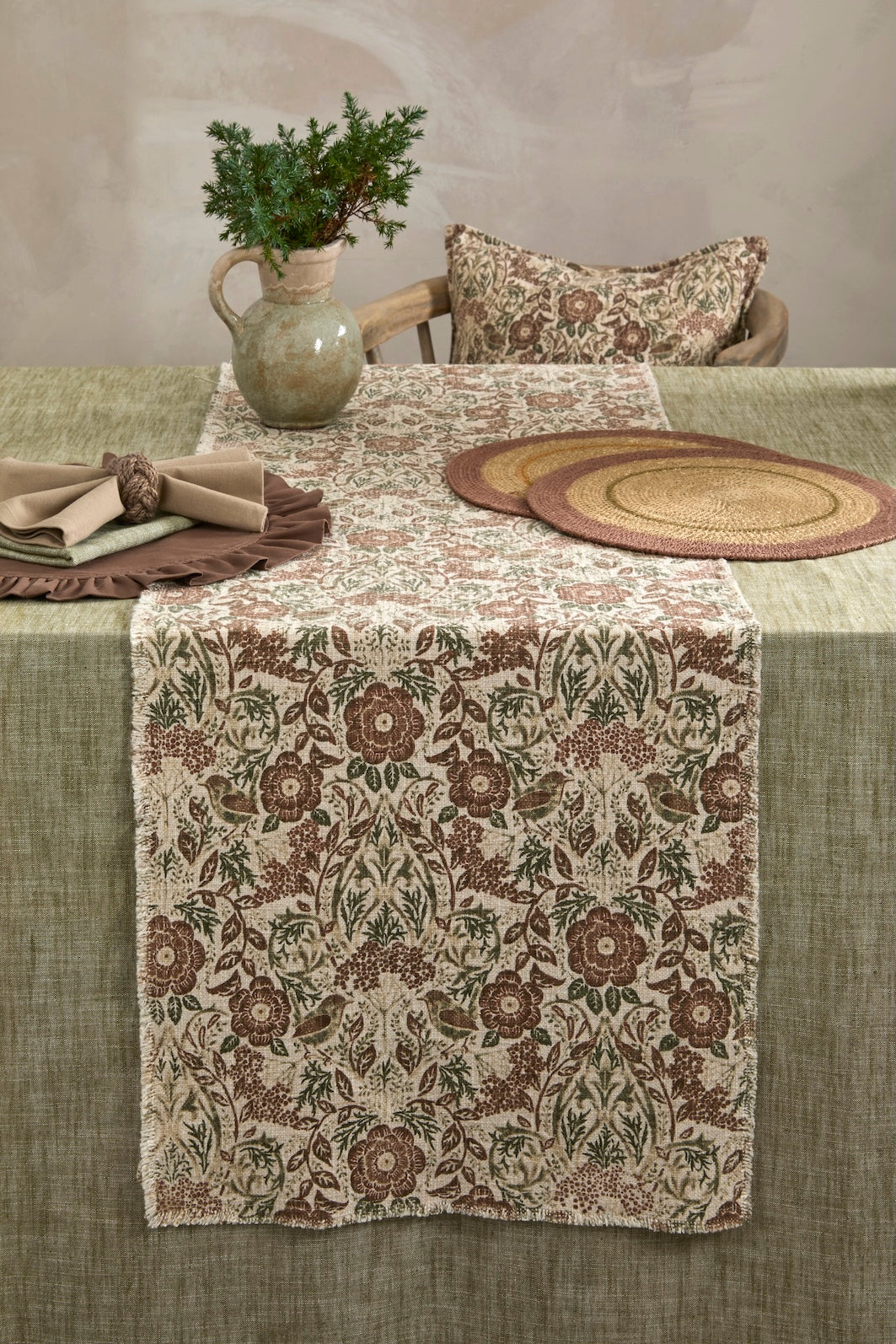 Jenny Wren Table Runner - Hand Block Print on a beautifully styled table with rustic elements and autumnal decor.