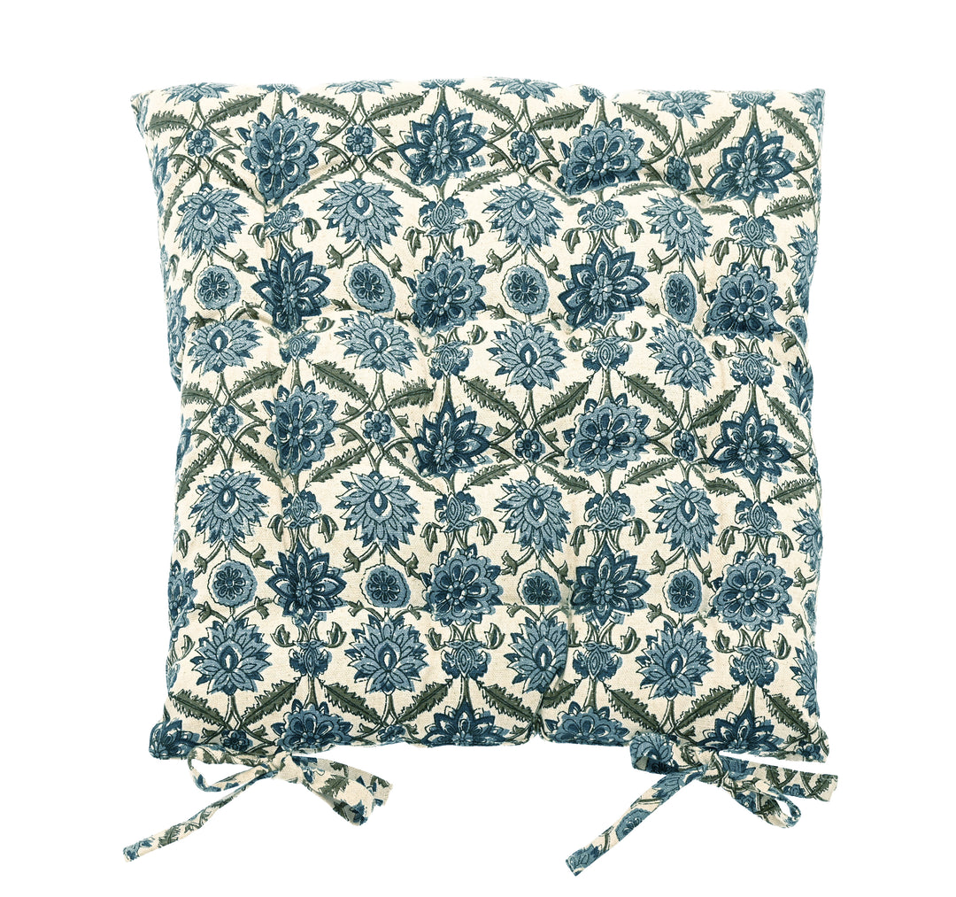Blue and White Kelmscott Seat Pad featuring a floral pattern, perfect for dining chairs from Source for the Goose Devon.