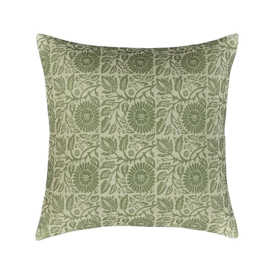Kalla Green Hand Block Print Cushion featuring intricate floral patterns and timeless elegance for home decor.