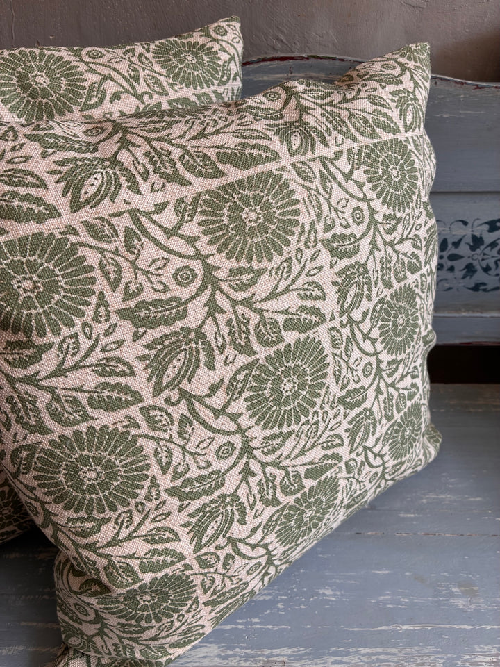 Kalla Green Hand Block Print Cushion showcasing a vintage floral design on a linen background, perfect for home decor.