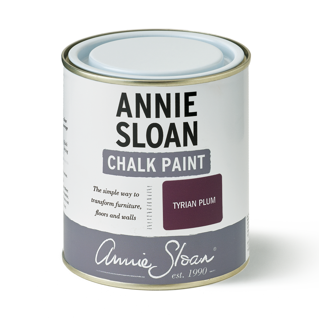 120ml Tyrian Plum Chalk Paint® can from Annie Sloan; luxurious jewel-toned paint for furniture and decor, sourced from Source for the Goose Devon.