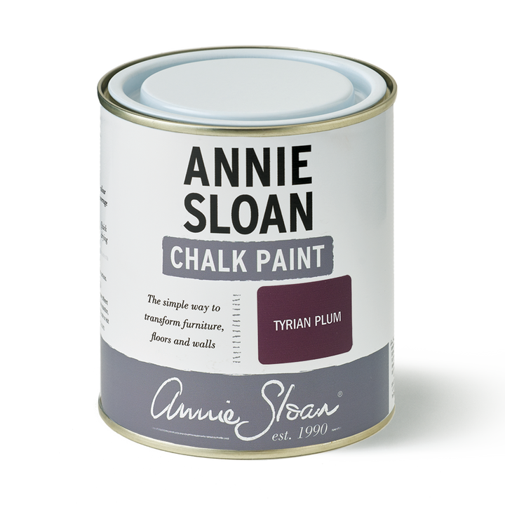 120ml Tyrian Plum Chalk Paint® can from Annie Sloan; luxurious jewel-toned paint for furniture and decor, sourced from Source for the Goose Devon.