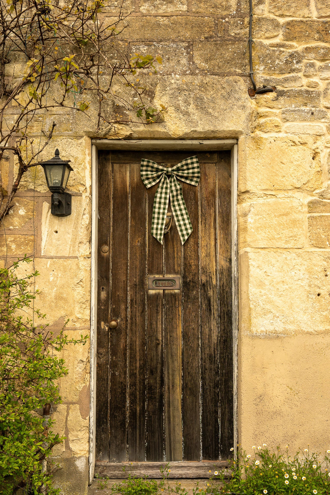 Large Gingham Bow - Two Colours on a rustic wooden door, showcasing vintage style and cottage core charm.