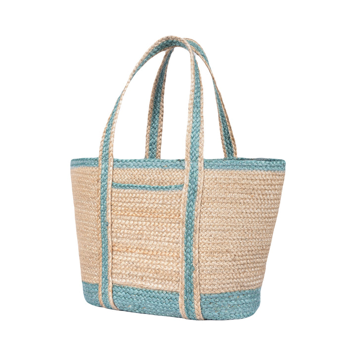 Aqua and Natural Jute Tote Bag