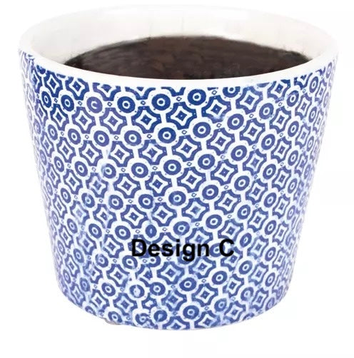 Large Blue Dutch Style Vintage Design Flowerpot with intricate blue and white geometric pattern.