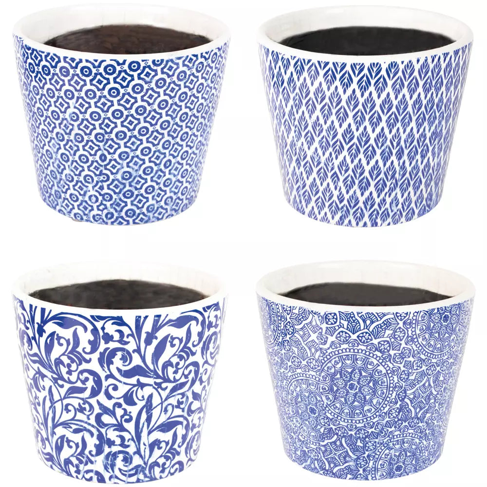 Large Blue Dutch Style Vintage Design Flowerpot with intricate blue patterns.