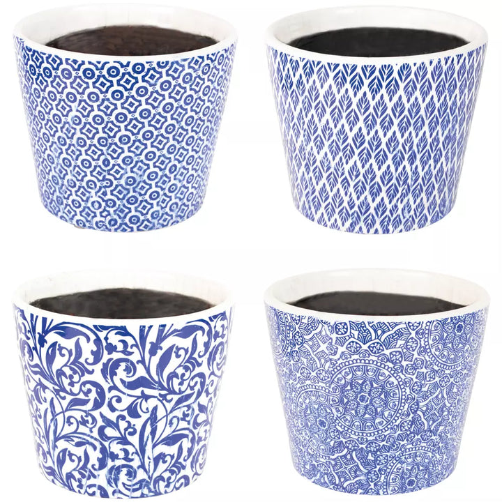 Large Blue Dutch Style Vintage Design Flowerpot with intricate blue patterns.