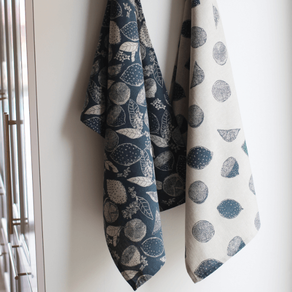 Slate Blue Tea Towel Set with Lemon Design for sale at Source for the Goose, Devon