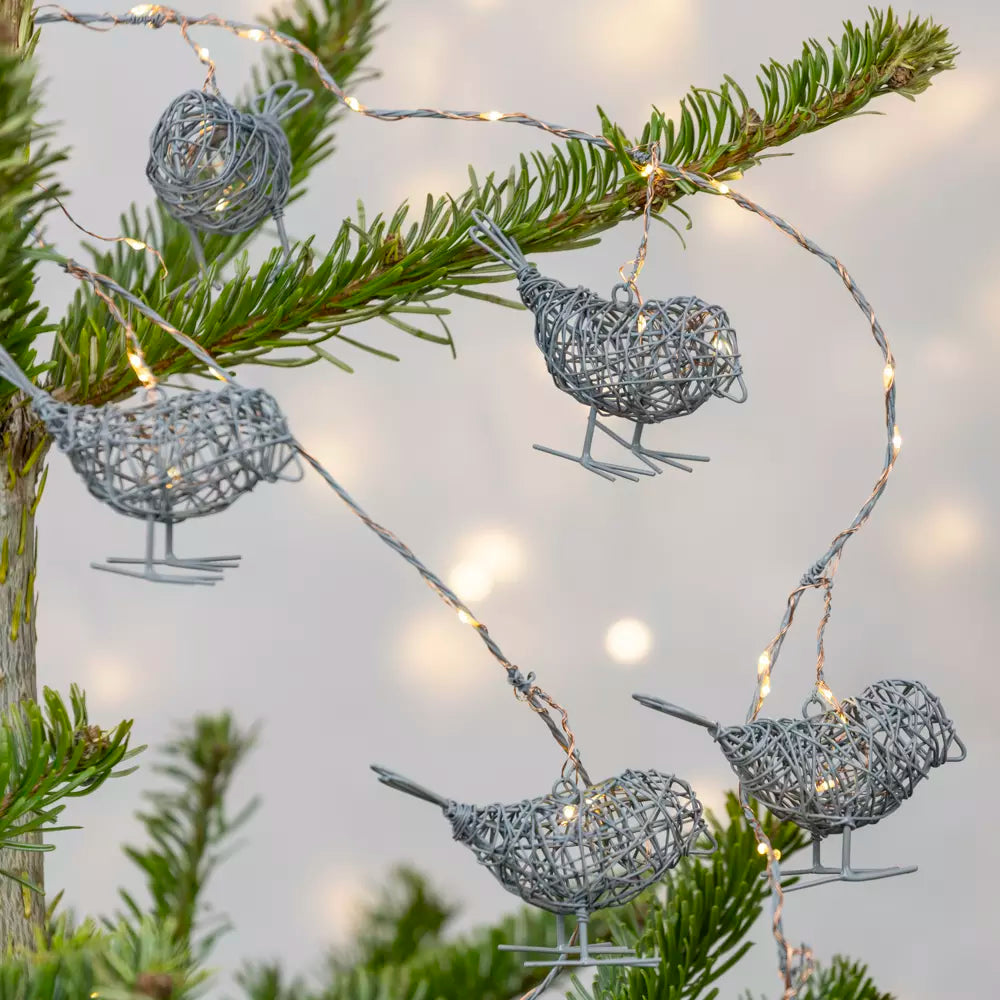 Light Up Wire Bird Garland - Antique Grey featuring LED lit wire birds on a green garland.