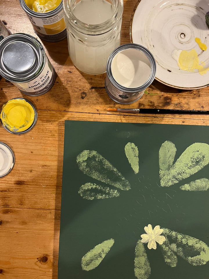 Adding Botanical Detail – Chalk Paint Workshop with Lily Faith | 11 March - Workshop materials including paint and brushes.