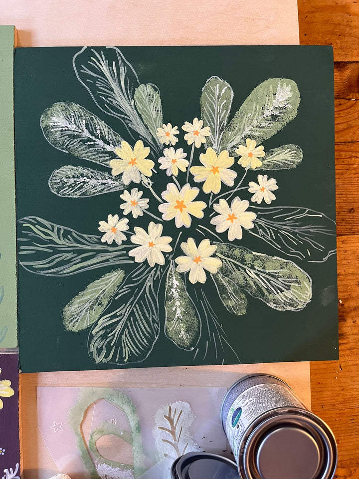 Adding Botanical Detail – Chalk Paint Workshop with Lily Faith | 11 March - Floral chalk painting on a green background.