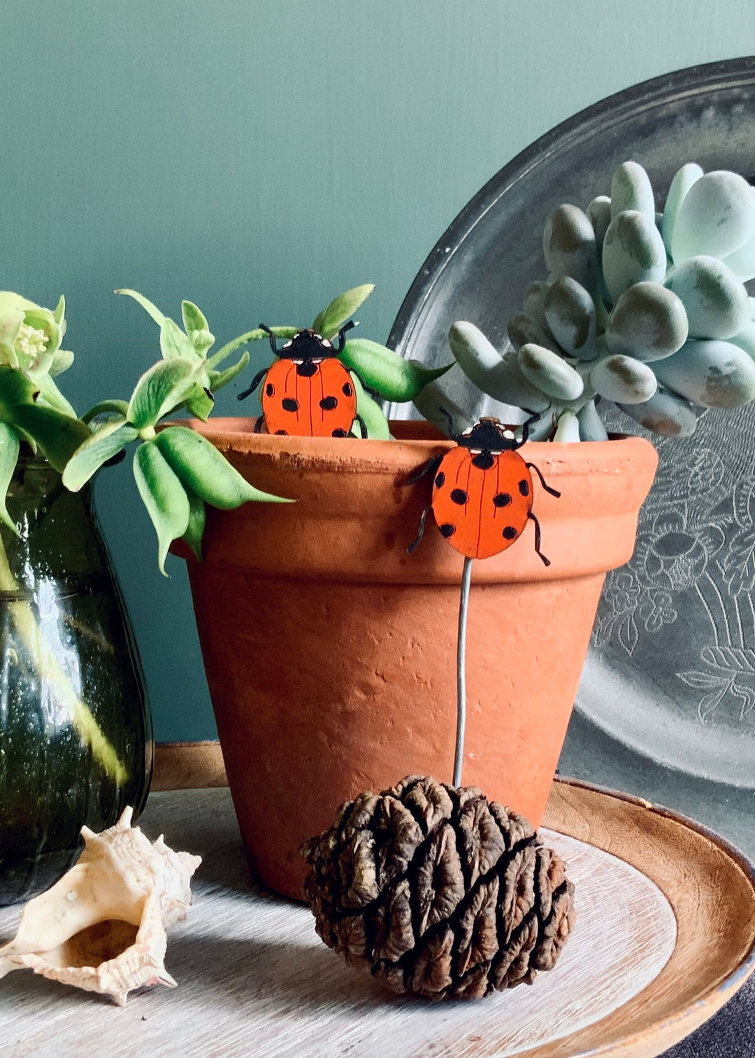 Whimsical ladybug pot sitters for indoor plants, handmade in Devon by Lily Faith Design.