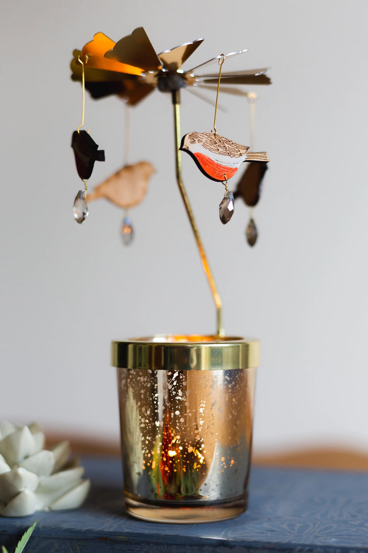 Robin Candle Carousel by Lily Faith – Spinning Christmas Tealight Holder showcasing a charming robin design.