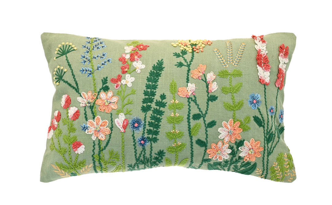Grasmere Embroidered Cushion in Green showcasing floral embroidery inspired by summer gardens.