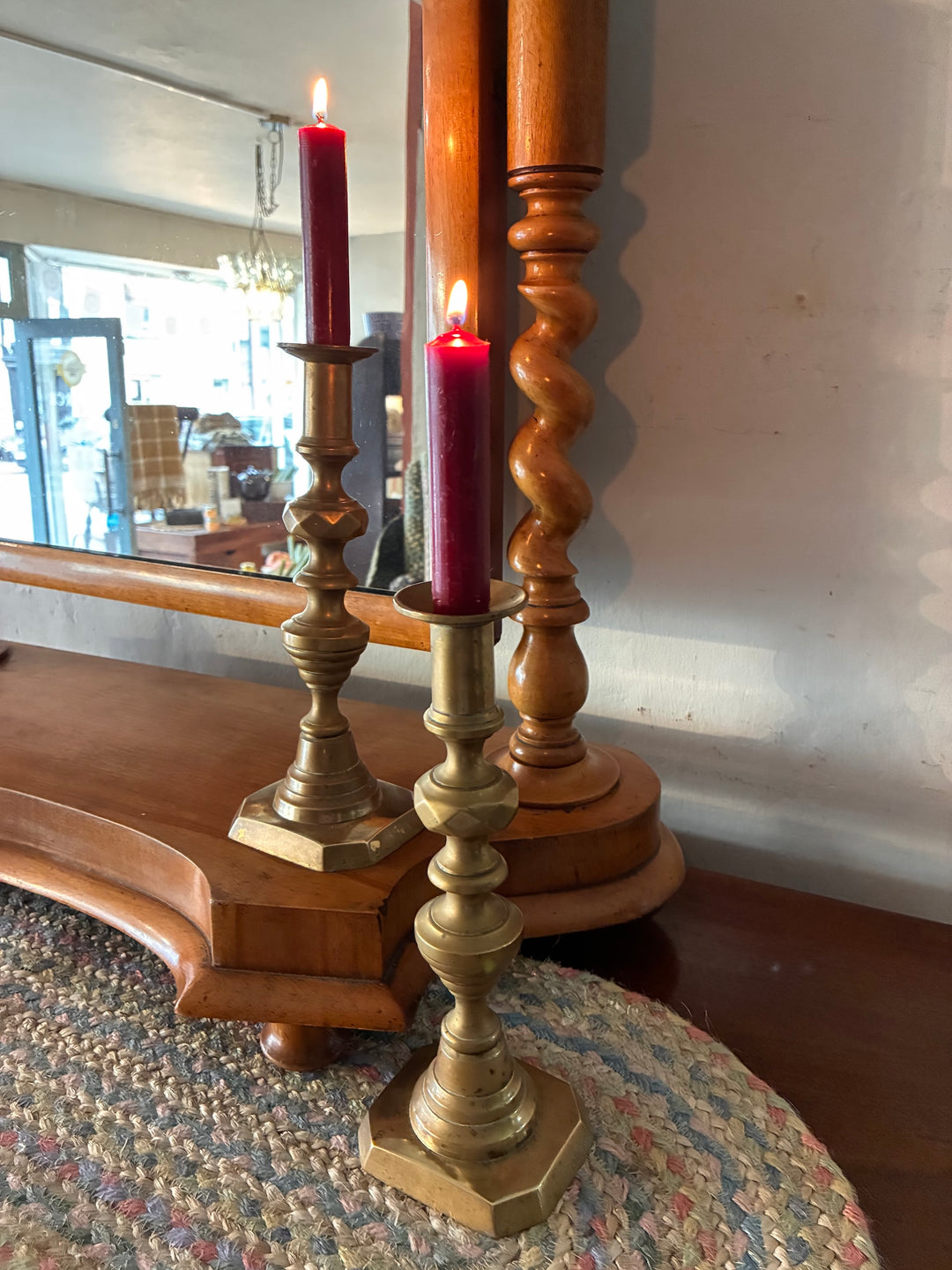 Victorian Pale Mahogany Dressing Table Mirror with elegant candle holders and lit red candles.