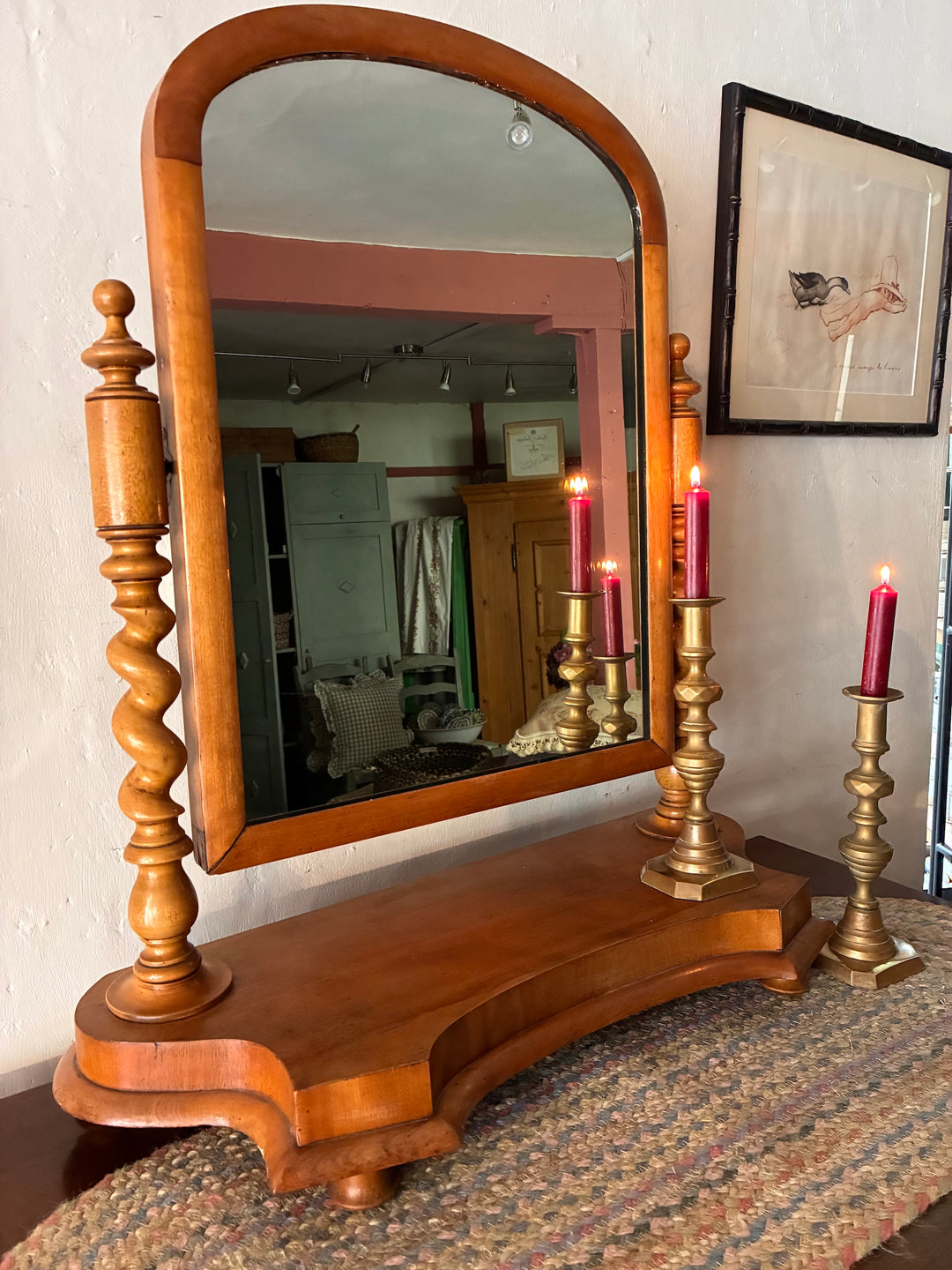 Victorian Pale Mahogany Dressing Table Mirror with arched design and barley twist columns.
