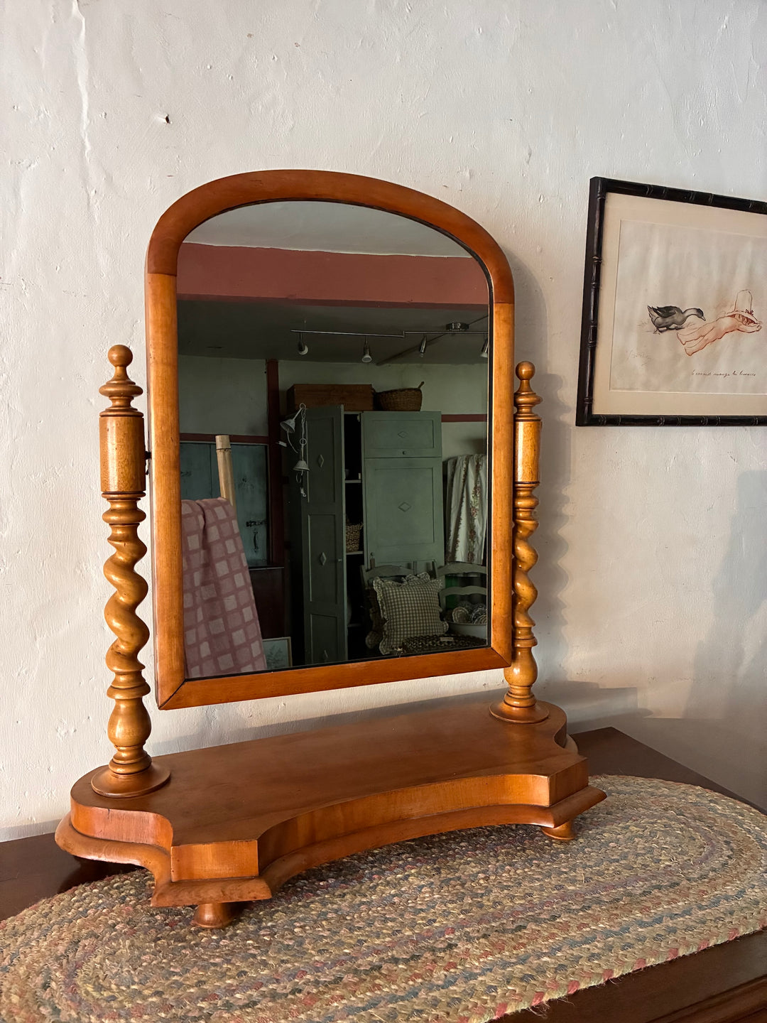Victorian Pale Mahogany Dressing Table Mirror with arched design and barley twist columns.