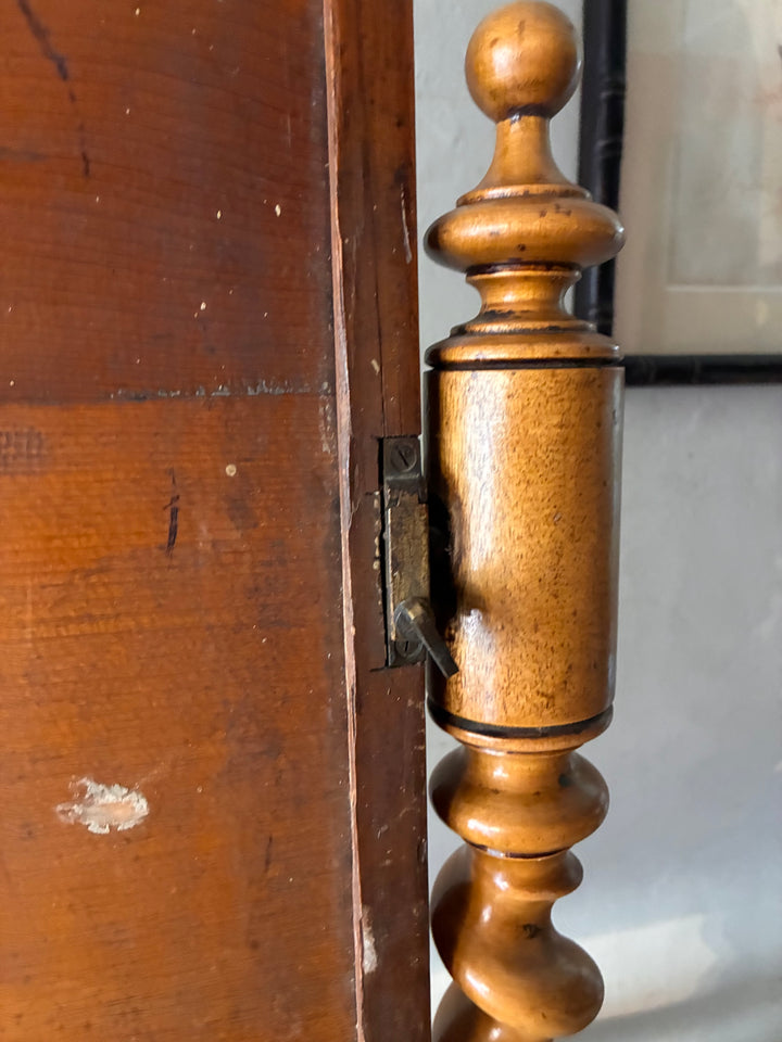 Detail of the Victorian Pale Mahogany Dressing Table Mirror showcasing barley twist columns and decorative hinge.