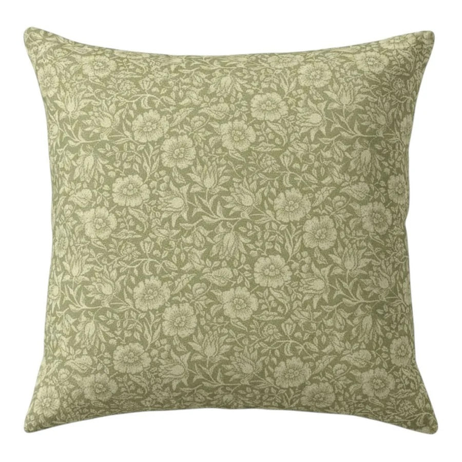 Mallow Green Hand Block Print Cushion featuring floral design, inspired by William Morris, from Source for the Goose Devon.