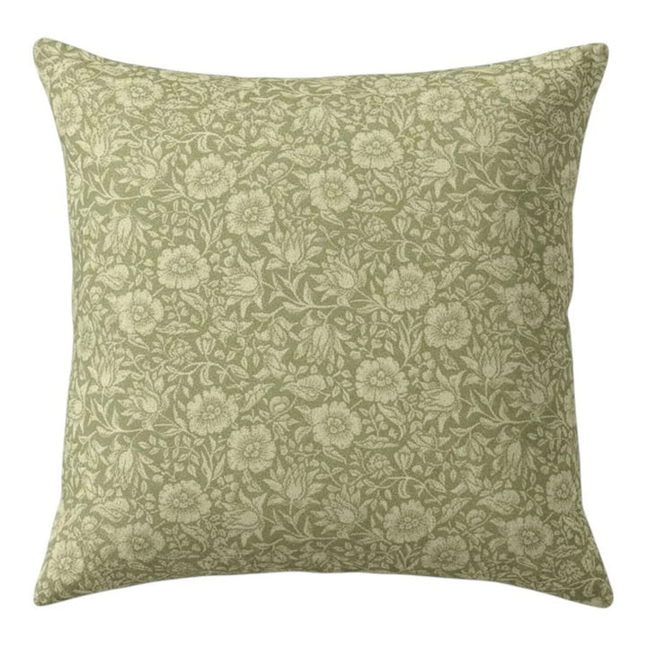 Mallow Green Hand Block Print Cushion featuring floral pattern, perfect for vintage or modern interior design.