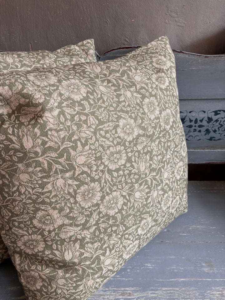 Mallow Green Hand Block Print Cushion showcasing floral design, inspired by William Morris, perfect for vintage or modern decor.
