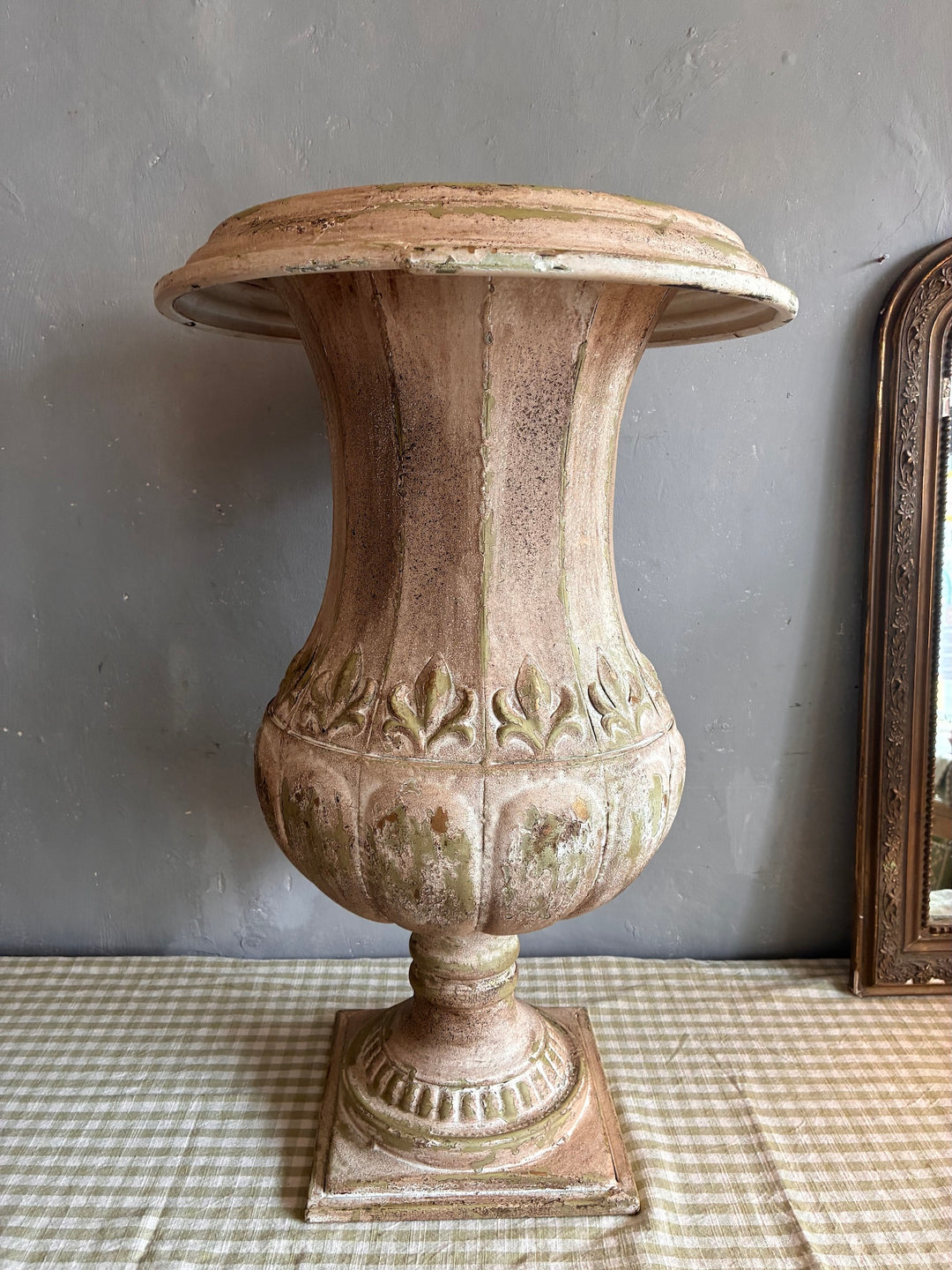 Medici Style Urn Planter with vintage fluted bowl and decorative relief detailing.