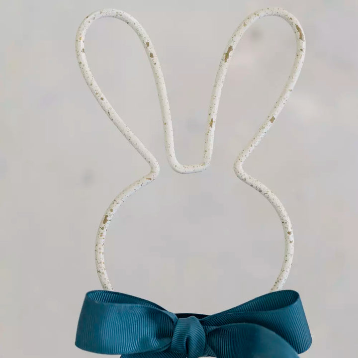 Metal Bunny Basket - Antique White with playful bunny ears and teal ribbon accent