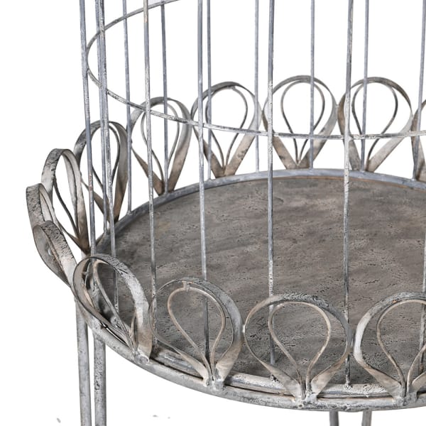 Bird Cage Style Plant Stand on Legs featuring decorative ribbon trim and silvery grey metal frame by Source for the Goose Devon.