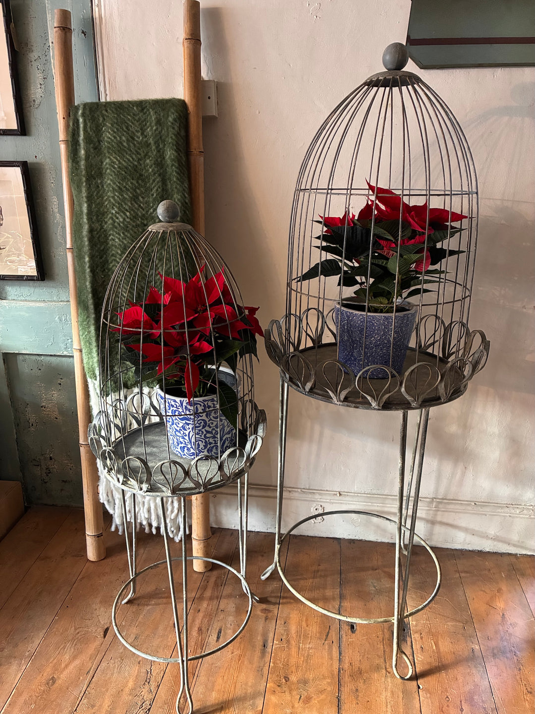 Bird Cage Style Plant Stand on Legs featuring potted red plants in decorative metal holders.