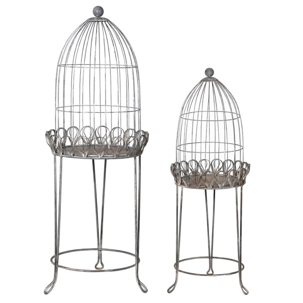 Bird Cage Style Plant Stand on Legs featuring silvery grey metal frames and decorative ribbon trim.