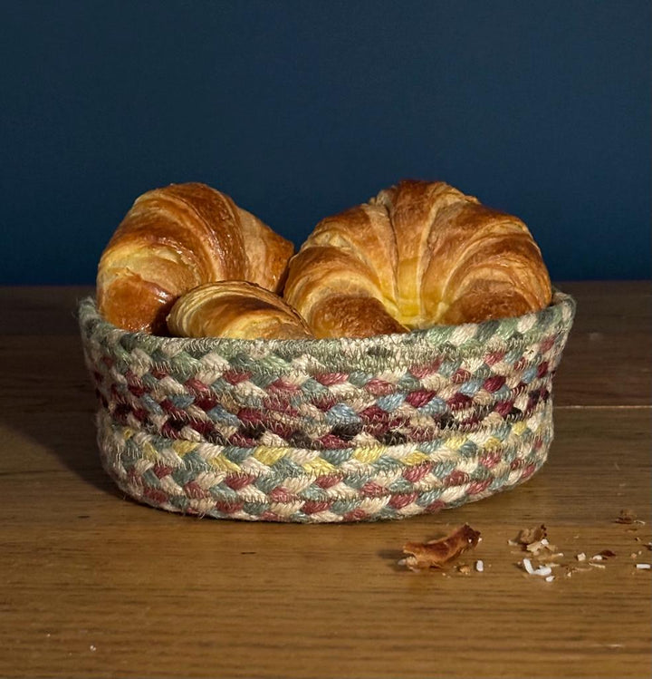 Pampas Jute Mini Basket with croissants, showcasing rustic and artisan design from Source for the Goose Devon.