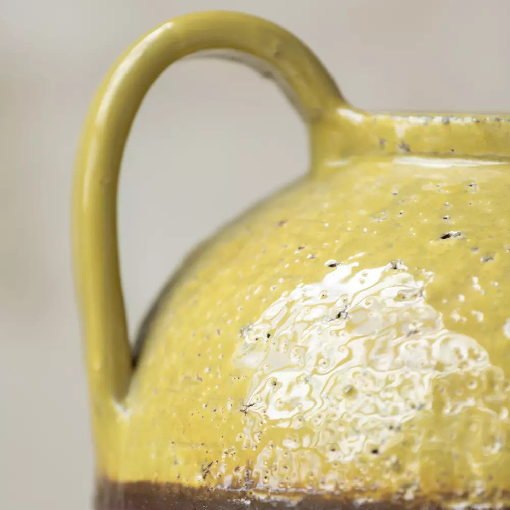 Mustard Yellow Rustic Glazed Vase close-up showing the charming handled design and rich Dijon glaze.