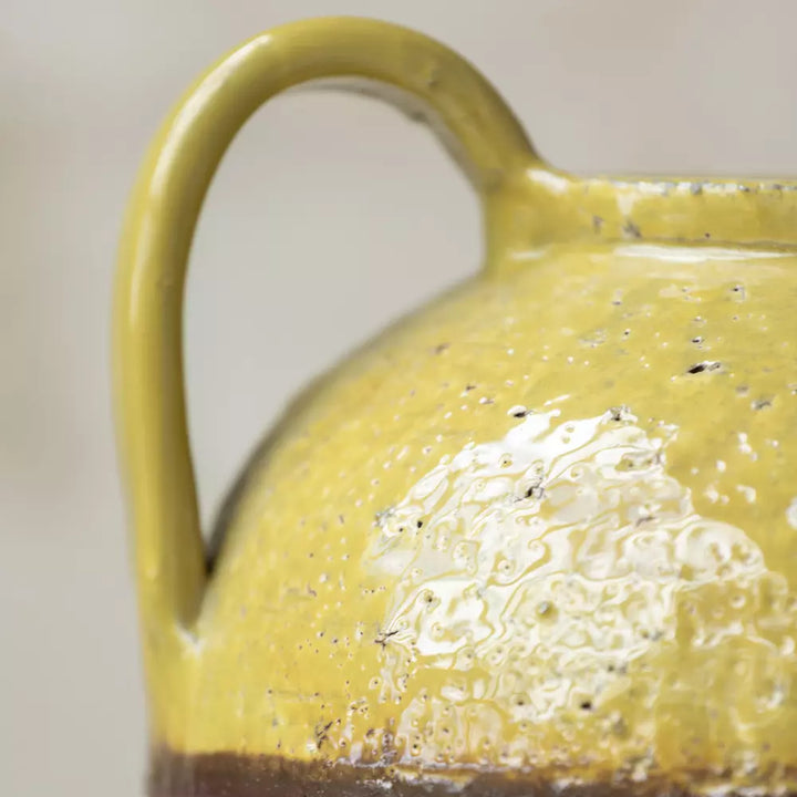 Mustard Yellow Rustic Glazed Vase close-up showing the charming handled design and rich Dijon glaze.