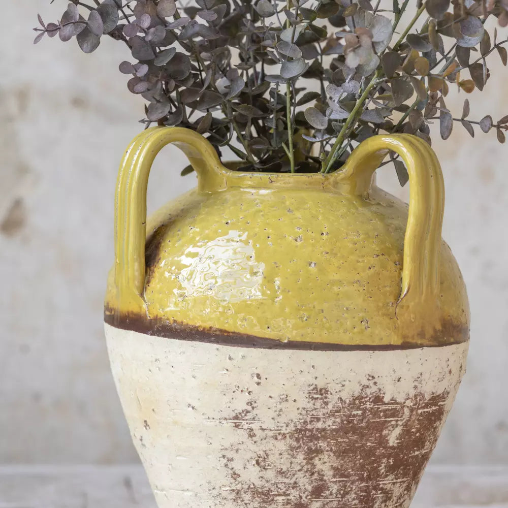 Mustard Yellow Rustic Glazed Vase with charming handles and decorative foliage, perfect for home decor from Source for the Goose Devon.