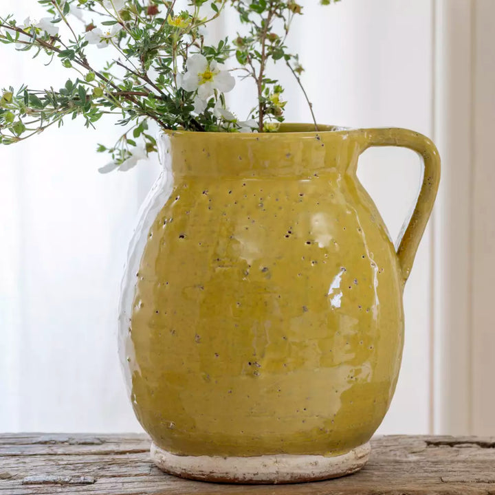 Mustard Yellow Rustic Glazed Jug with fresh flowers, perfect for rustic elegance and summer décor.