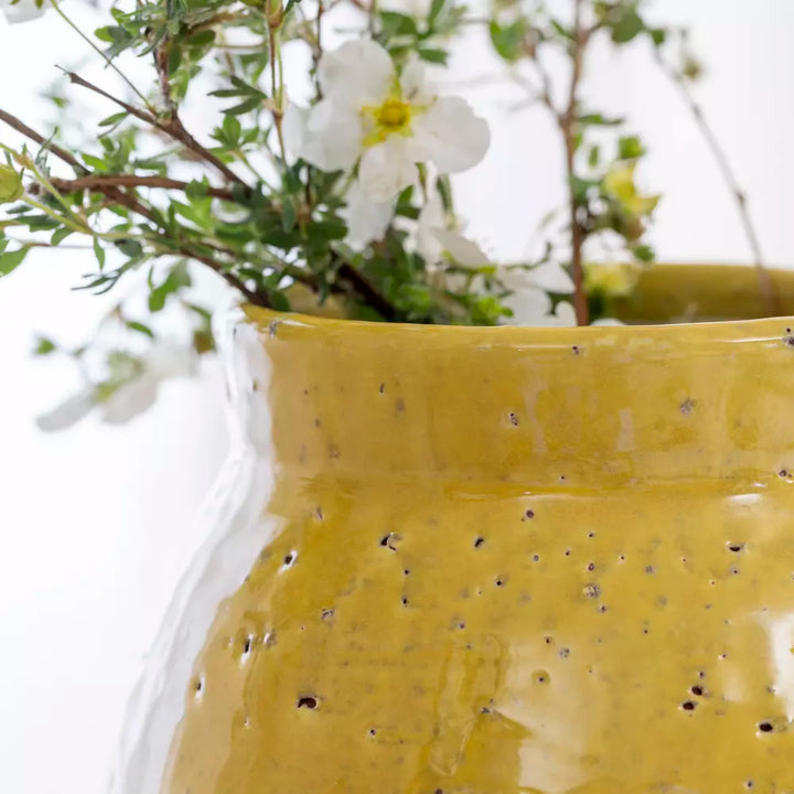 Mustard Yellow Rustic Glazed Jug with fresh flowers, showcasing rustic elegance and durable design from Source for the Goose, Devon.