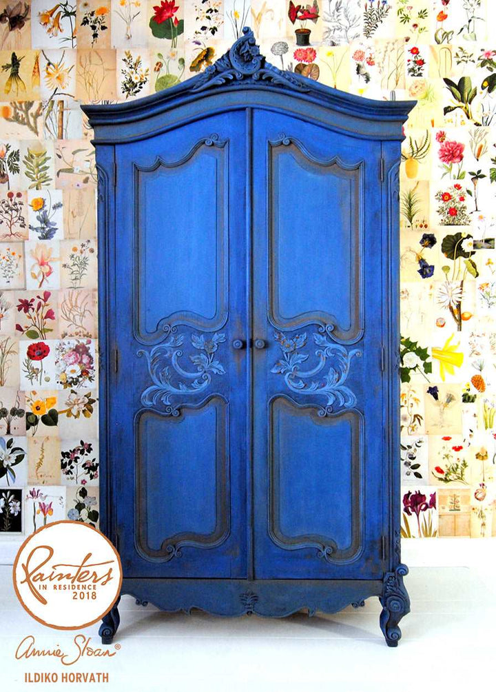 french Armoire painted in Annie Sloan Napoleonic Blue with the addition of dark wax t age it