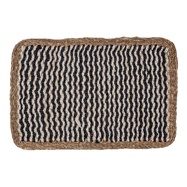 Jute doormat in black and natural stripes, eco-friendly & durable, perfect for welcoming guests at home. Source for the Goose Devon.
