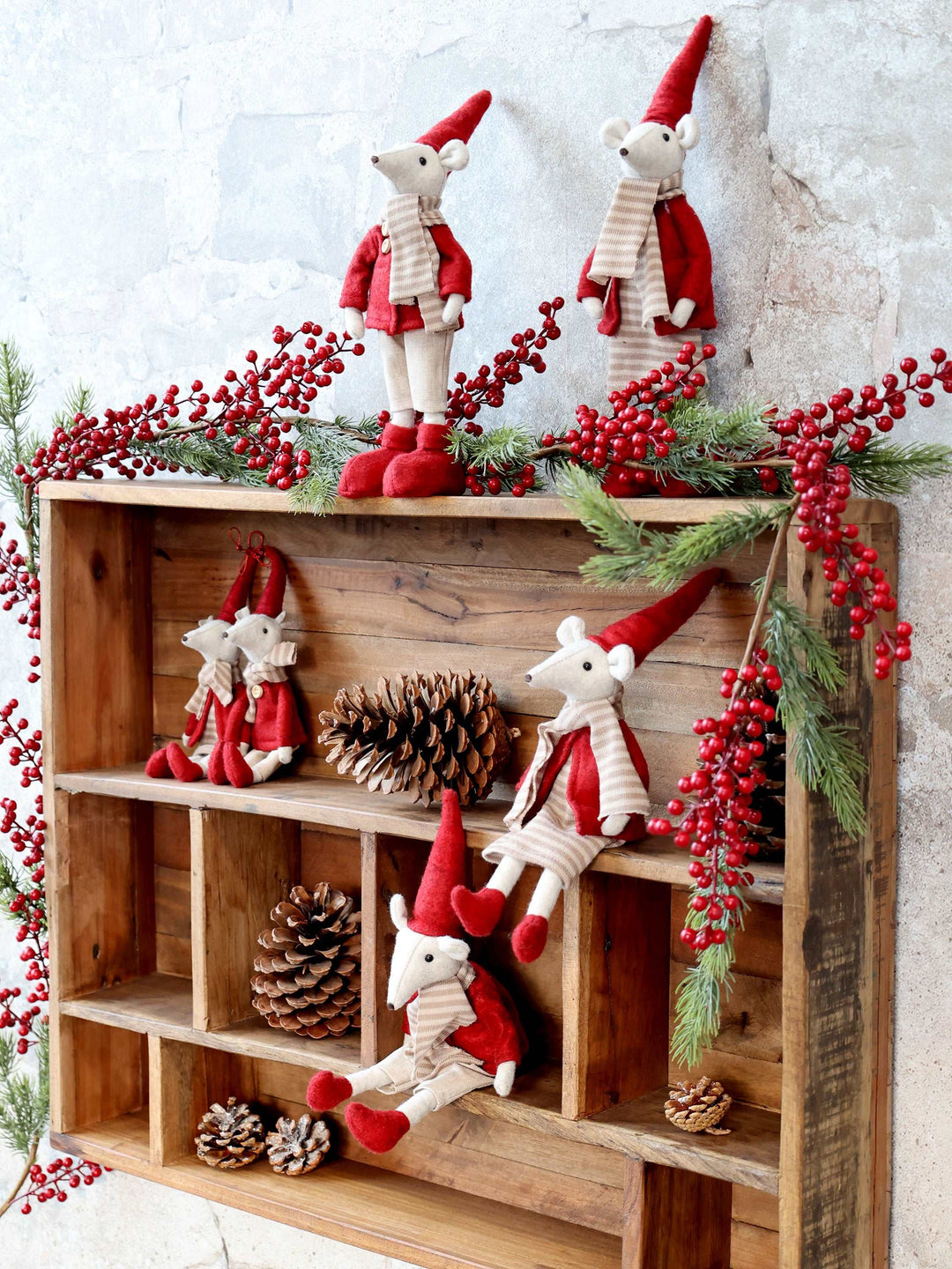 Christmas display featuring felt mice