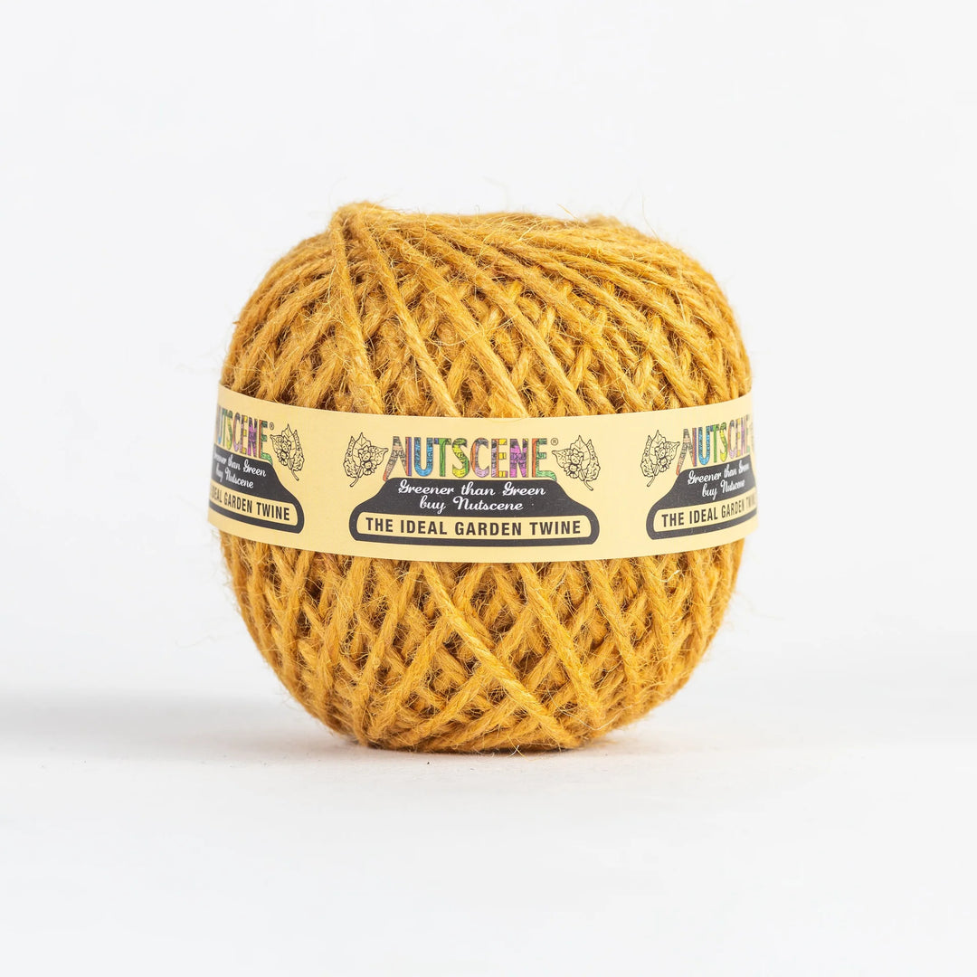 Nutscene Heritage Colourful Jute Twine Ball - Small in vibrant mustard color with label showcasing features.
