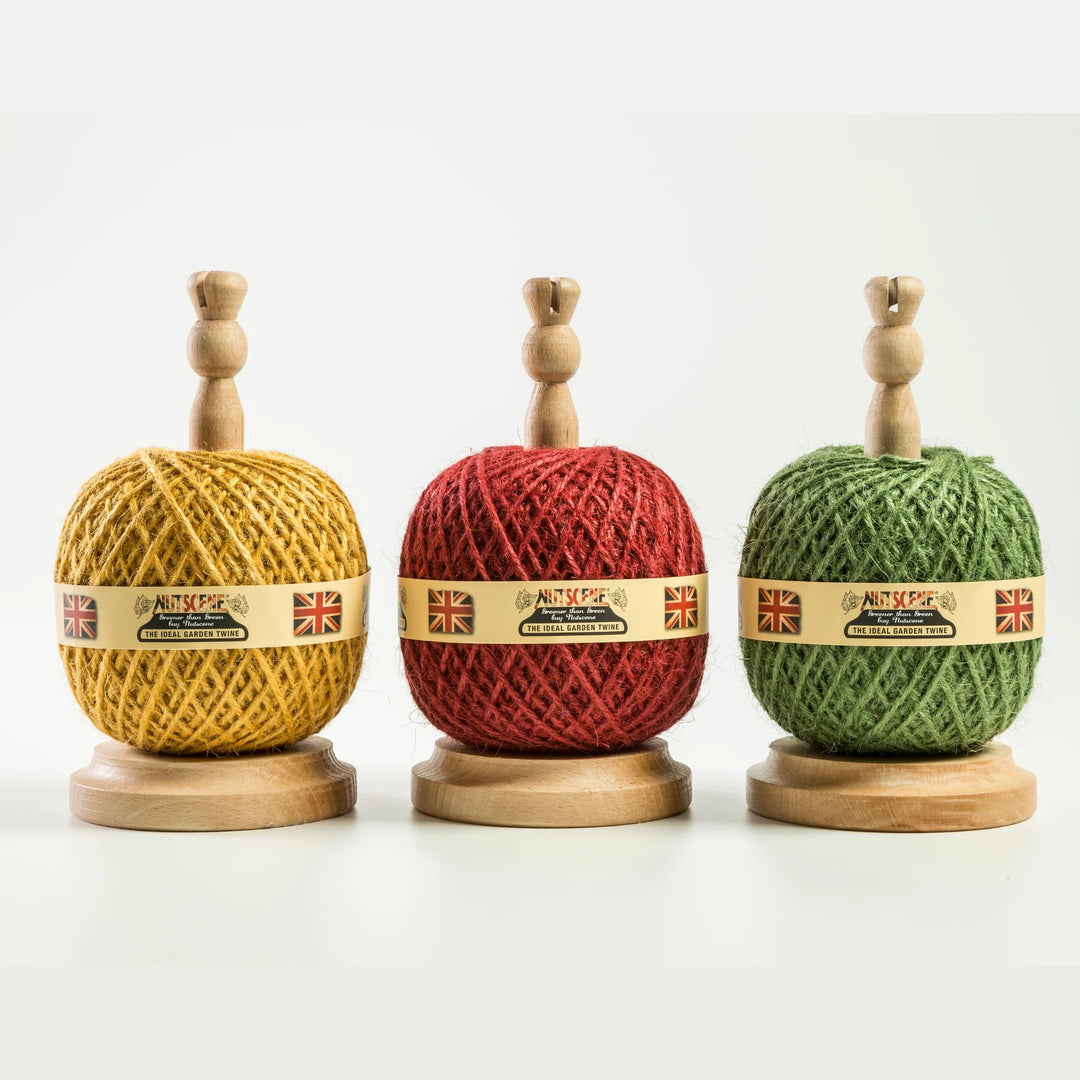 Nutscene Twine Dispenser with Red Twine, featuring yellow and green twine dispensers, perfect for gardening and crafting.