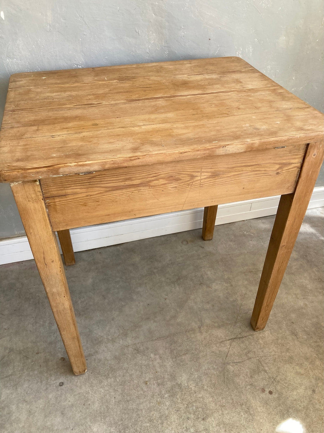 Old Pine School Desk with single drawer, antique finish, ideal for home office use, sourced from Source for the Goose, Devon.
